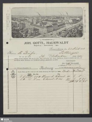 Joh. Gottl. Hauswaldt, Magdeburg, Braunschweig, Eger : Rechnung