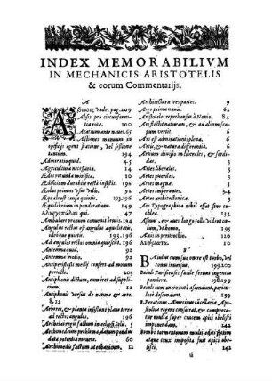 Index Memorabilivm In Mechanicis Aristotelis & eorum Commentatijs.