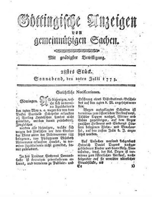 28stes Stück. Sonnabend, den 10ten Julii 1773.