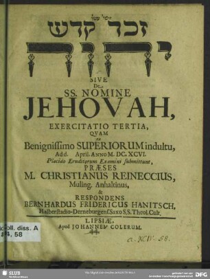 3: ... Sive De SS. Nomine Jehovah : Exercitatio ...