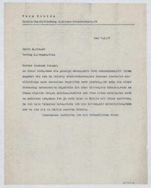 Brief von Vera Broido an E. Prager-Verlag / E. Prager. Berlin