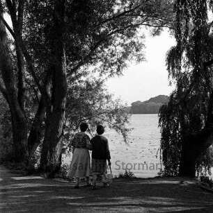 Herrenteich: mit Seerosen: Uferwanderweg: zwei Frauen Arm in Arm, blicken auf See: Uferbäume: im Hintergrund gegenüberliegendes Ufer