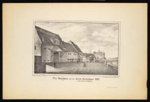 Blick auf das Salzhaus u. d. Pilgerunterkunft der Elende Kretzschmar, Lithographie, 1860 : Das Salzhaus und der elende Kretschmar 1860. (Jetzt goldenes Schiffchen) / Nach einer Zeichnung von W. Schlechte. - Nr. 27 - Blick auf das Salzhaus bzw. die königliche Salzniederlage, die Elenden- oder Pilgerunterkunft der Elende Kretzschmar sowie das Gasthaus Zum Goldenen Schiff. Im Hintergrund die Albrechtsburg.