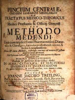 Punctum Centrale, Omnium Linearum Medicarum : Id est Tractatus Medico-Theoricus De Medici Præstantia & Officio Generali Seu Methodo Medendi Unà cum triplici fonte Pharmaceutico Diætetico & Chirurgico, formulas præscribendi ratione, & Indice Locupletissimo Nova & clara Methodo, ordinéque concinno ad mentem & gustum moderni Sæculi efformatus Uti Tyronum instructioni, Practicorum Usui accomodatissimus: ...