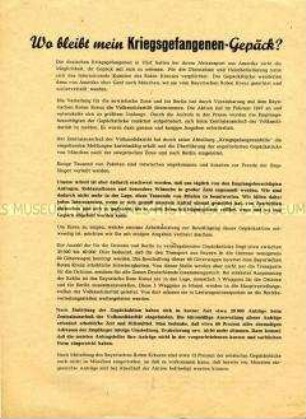 Informationsblatt der Kriegsgefangenenhilfe der Volkssolidarität zum Erhalt des Gepäcks von Heimkehrern aus amerikanischer Kriegsgefangenschaft