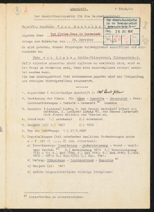 Landgräfliches Opernhaus (auch Landestheater Kleines Haus), Darmstadt: Abschrift des Fragebogen für das Handbuch »Das Deutsche Theater«, vierseitiges Dokument