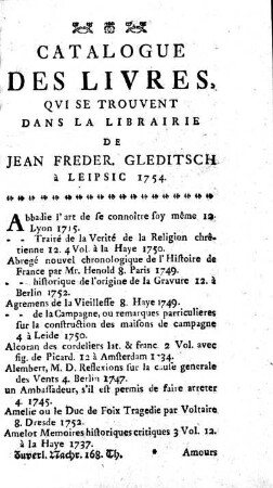 Catalogue Des Livres, Qvi Se Trouvent Dans La Librairie De Jean Freder. Gleditsch à Leipsic 1754.