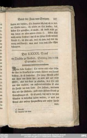 Der LXXXX. Brief an Dieselbe zu Rochers, Sonntag den 20ten September 1671.