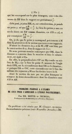 Problème proposé a l'examen de 1844 pour l'admission a l'École Polytechnique.