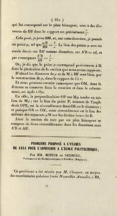 Problème proposé a l'examen de 1844 pour l'admission a l'École Polytechnique.