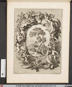 Paysage dans un cartouche dont la bordure est ornée [...] d'un enfant monté sur un aigle.