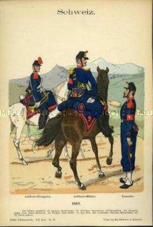 Uniformdarstellung, Trompeter, Offizier und Kanonier der Artillerie, Schweiz, 1862.