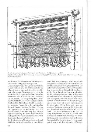 Abb. 4: Gewichtswebstuhl aus Norwegen - Zeichnung von Karl Schlabow um 1930. A Seitenstützen, B Kett-/ Warenbaum, C Bremsvorrichtung, D Litzenstab, E Trennstab, F Kettenordner, G Webgewichte (Natursteine).