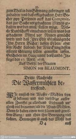 Dritte Nachricht. Die Wassermühlen betreffend.