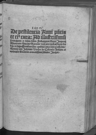 De pestilentia Anni p[raese]ntis et ei[us] cura : ad illustrissimu[m] Principem et d[omi]n[u]m, d[omi]n[u]m Fredericum Sacri Imperij Electorem, Ducem Saxoniae &c. Cum quibusdam dubijs et digressionibus sine quibus cura non perficitur