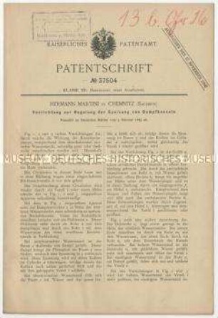 Patentschrift einer Vorrichtung zur Regelung der Speisung von Dampfkesseln, Patent-Nr. 37504