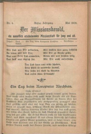 Nr. 5. Achter Jahrgang. Mai 1908.
