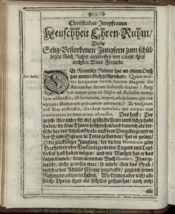 Christlicher Jungfrauen Keuschheit Ehren-Ruhm/ Dieser Selig-Verstorbenen Jungfern zum Schüldigen Nach-Ruhm entworffen von einem ihrer nechsten Bluts-Freunde.