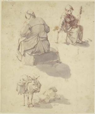 Eine spinnende Frau, eine weitere sitzende Fau in Rückansicht sowie ein beladener Esel, neben ihm der schlafende Treiber