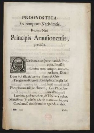 Prognostica, Ex tempore Nativitatis, Recens-Nati Principis Arausionensis, prædicta