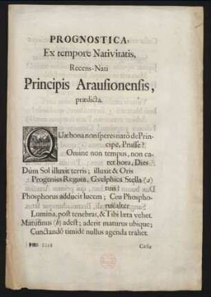 Prognostica, Ex tempore Nativitatis, Recens-Nati Principis Arausionensis, prædicta