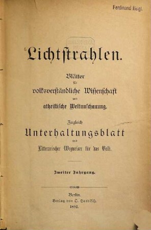 Lichtstrahlen : Revue des gesellschaftlichen und geistigen Lebens der Gegenwart. 2. 1891/92