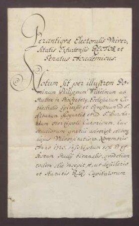 Erfurter Studienzeugnis des Philipp Wilhelm von Hutten zum Stolzenberg.