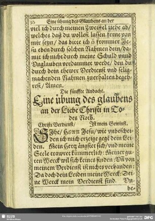 Die fünffte Andacht. Eine übung des glaubens an der Liebe Christi in Todes Noth