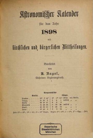 Kalender und statistisches Jahrbuch für das Königreich Sachsen nebst Marktverzeichnissen für Sachsen und die Nachbarstaaten : auf d. Jahr .... 1898