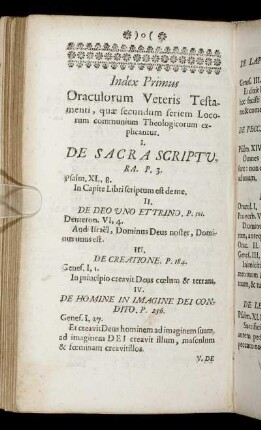 Index Primus. Oraculorum Veteris Testamenti, quӕ secundum seriem Locorum communium Theologicorum explicantur.