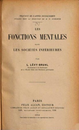 Les fonctions mentales dans les sociétes inférieures