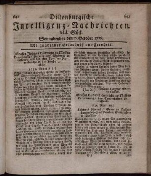 XLI. Stück. Sonnabends: den 10. October 1778.