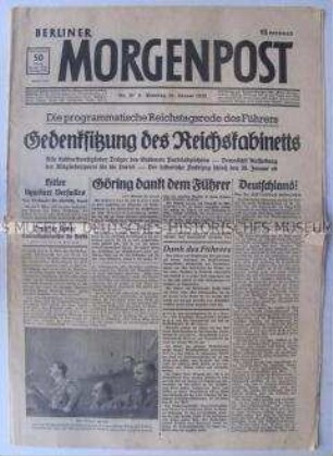 Tageszeitung "Berliner Morgenpost" zur Rede Hitlers auf der Reichstagssitzung anlässlich des Jahrestages der Regierungsübernahme