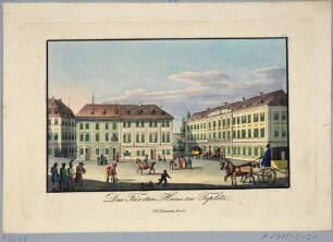 Der Schlossplatz am Fürstenhaus der Familie Clary-Aldingen in Teplitz (heute Teplice in Tschechien) in Böhmen, Teil einer Reihe böhmischer Stadt- und Landschaftsansichen bei F. R. Naumann um 1830