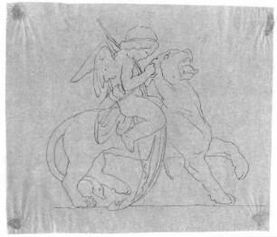 Amor, einen Panther zügelnd : Rietschel, Ernst. Amor, einen Panther zügelnd. Bleistift auf Transparentpapier; 14,1 x 15,9 cm. 1852. Privatbesitz. WVZ 333