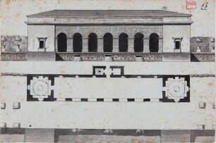 Entwurf einer Gartenhalle - Ansicht und Grundriss