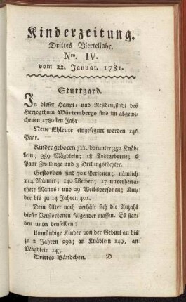 Kinderzeitung. Drittes Vierteljahr. Nro. IV. vom 22. Januar. 1781.