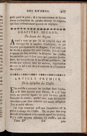 Article Premier. De la discipline des Classes.