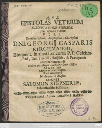 Epistolas Veterum Dissertatione Publica