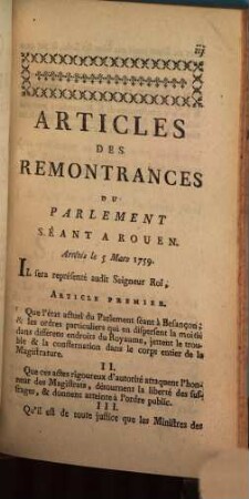 Recueil D'Arrestés, Articles & Remontrances De Différentes Classes Du Parlement, [Au sujet de ce qui s'est passé au Parlement séant à Besançon.]
