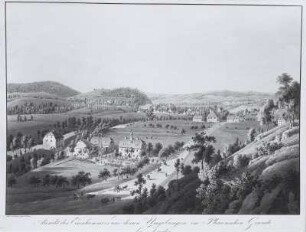 Plauenscher Grund, Alter Eisenhammer, Gesamtansicht, Blick von der Grünen Hoffnung, kolorierte Radierung