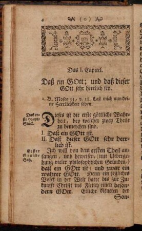Das I. Capitel. Daß ein Gott; und daß dieser Gott sehr herrlich sey.