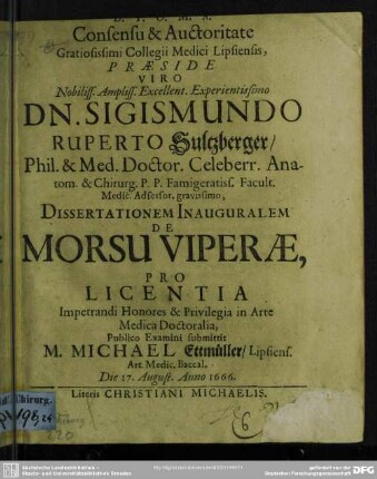 Dissertationem inauguralem de morsu viperae