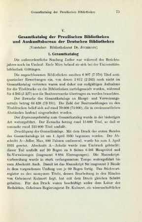 V. Gesamtkatalog der Preußischen Bibliotheken und Auskunftsbureau der Deutschen Bibliotheken