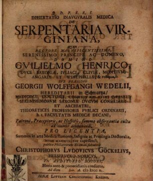 Dissertatio Inavgvralis Medica De Serpentaria Virginiana