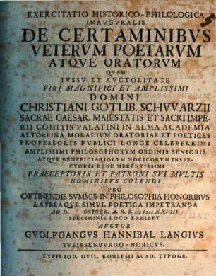 Exercitatio hist. philol. inaug. de certaminibus veterum poetarum atque oratorum