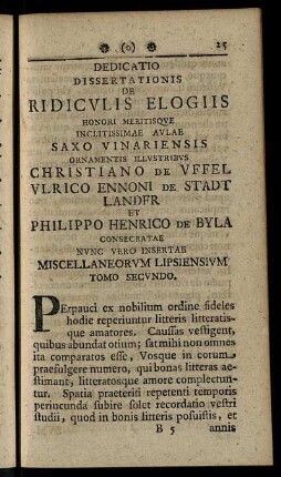 Dedicatio Dissertationis De Ridiculis Elogiis ...