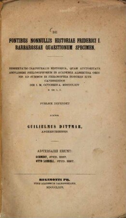 De fontibus nonnullis historiae Friderici I. Barbarossae quaestionum specimen