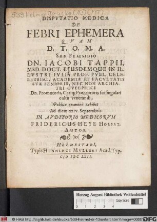 Disputatio Medica De Febri Ephemera
