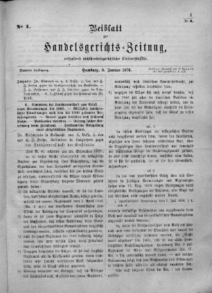 Beiblatt zur hamburgischen Handelsgerichts-Zeitung No. 1. Neunter Jahrgang. Hamburg, 8. Januar 1876.